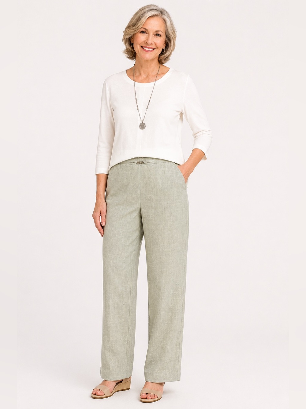 Alfred Dunner Light Green Linen-Look Pants Size 14P Petite Elastic Back